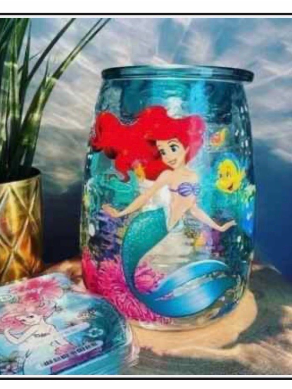 Scentsy Blue Glass Jar with Bright Red-Haired Mermaid